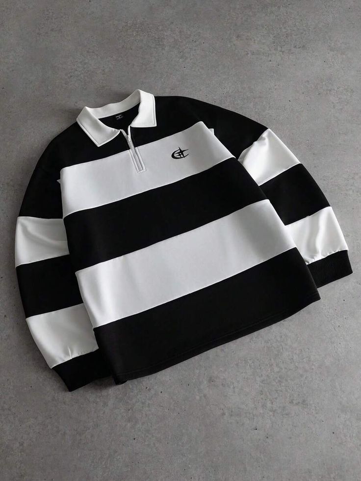 Premium Oversized Black & White Striped Quarter-Zip Polo Sweatshirt