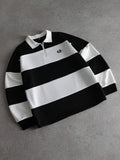 Premium Oversized Black & White Striped Quarter-Zip Polo Sweatshirt