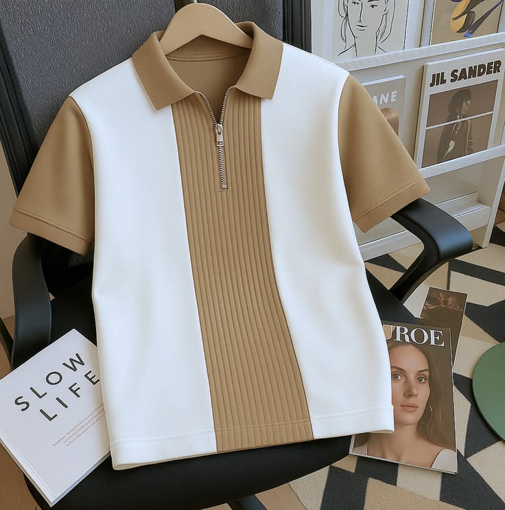 Men’s Premium Zip Polo Shirt – Beige & White Panel Contrast Slim Fit Tee
