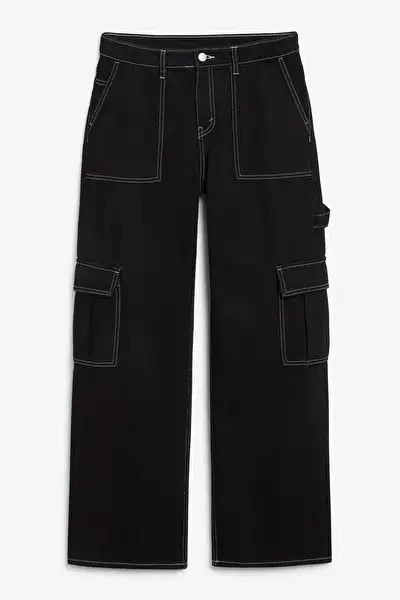 Men’s Black Cargo Pants – Wide Leg Utility Trousers with Contrast Stitching