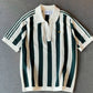 Vintage-Inspired Crochet Knit Striped Polo | Forest Green & Cream
