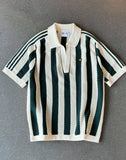 Vintage-Inspired Crochet Knit Striped Polo | Forest Green & Cream