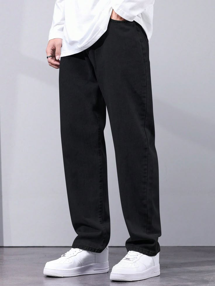 Men’s Straight Fit Black Pants – Minimal Casual Loose Trousers