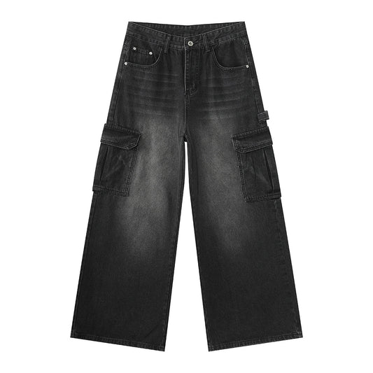 Bleached Wide-leg Multi-pocket Straight-leg Casual Work Pants