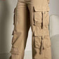 Women’s High Waist Cargo Pants – Beige Multi-Pocket Streetwear Trousers with Chain