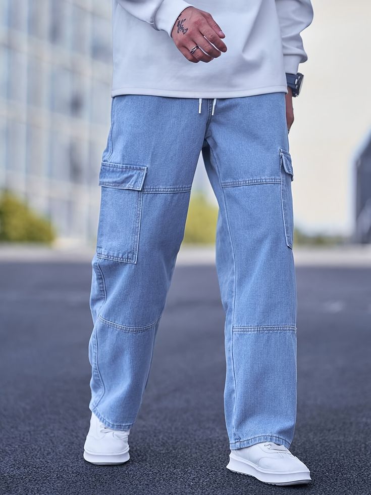 Men’s Cargo Denim Jeans – Light Blue Streetwear Utility Pants