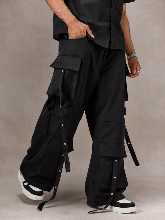 Men’s Techwear Cargo Pants – Black Multi-Pocket Strap Streetwear Trousers