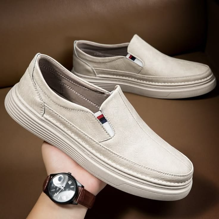 Men’s Premium Textured Leather Slip-On Loafers | Bone Cream