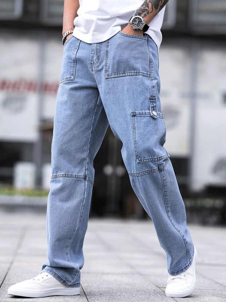 Men’s Baggy Cargo Denim Jeans – Light Blue Relaxed Fit Streetwear Pants