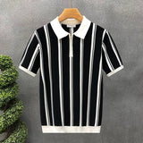 Men’s Striped Polo T-Shirt – Black & White Zip Collar Casual Slim Fit Tee