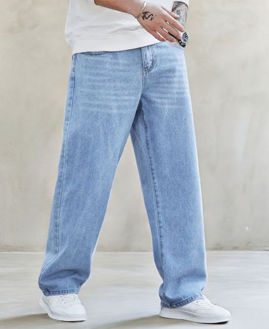 Men’s Classic Loose Fit Denim Jeans – Light Blue Minimal Casual Pants