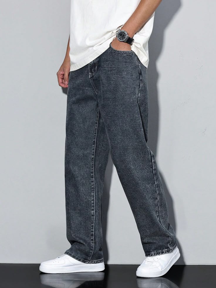 Men’s Washed Black Baggy Jeans – Wide Leg Casual Streetwear Denim Pants
