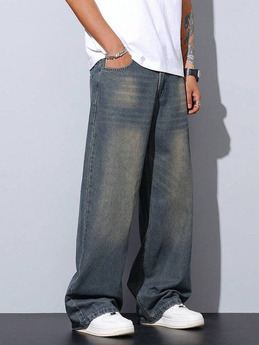 Men’s Washed Baggy Denim Jeans – Vintage Grey Loose Fit Streetwear Pants